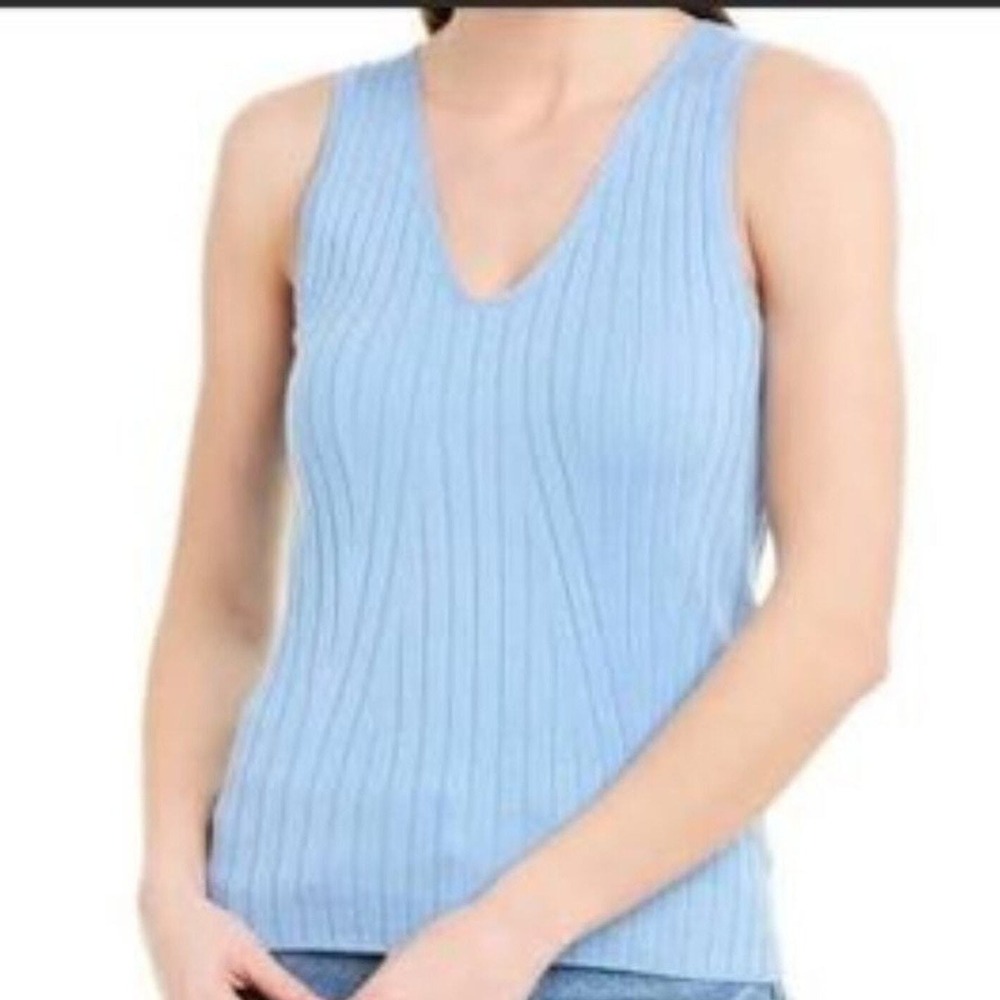 525‎ America Light Blue Ribbed Knit Sleeveless Sweater Tank Top S V-Neck Casual
